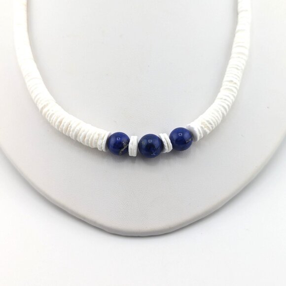 Navajo Graduated White Shell with Lapis Beaded Necklace Southwest Style **‎ - Picture 5 of 13